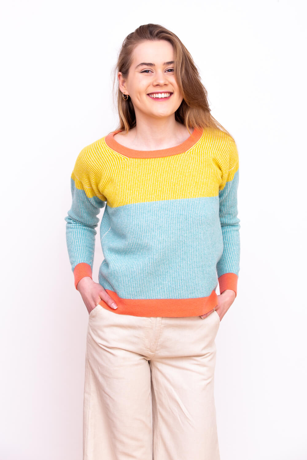Womens Designer lambswool sweater in bright colour blocks. Made in Scotland by Collingwood-Norris