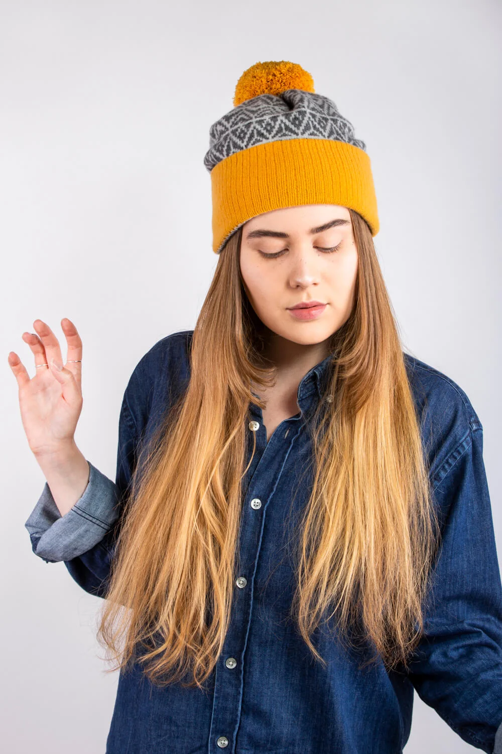 Mustard yellow and grey bobble hat, handmade by Collingwood-Norris. Made in Scotland