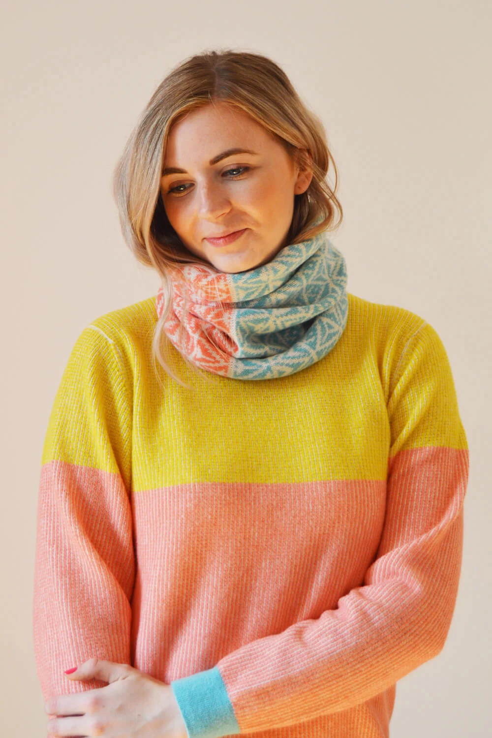 Bright lambswool cowl by Collingwood-Norris. Luxury knitwear made in Scotland