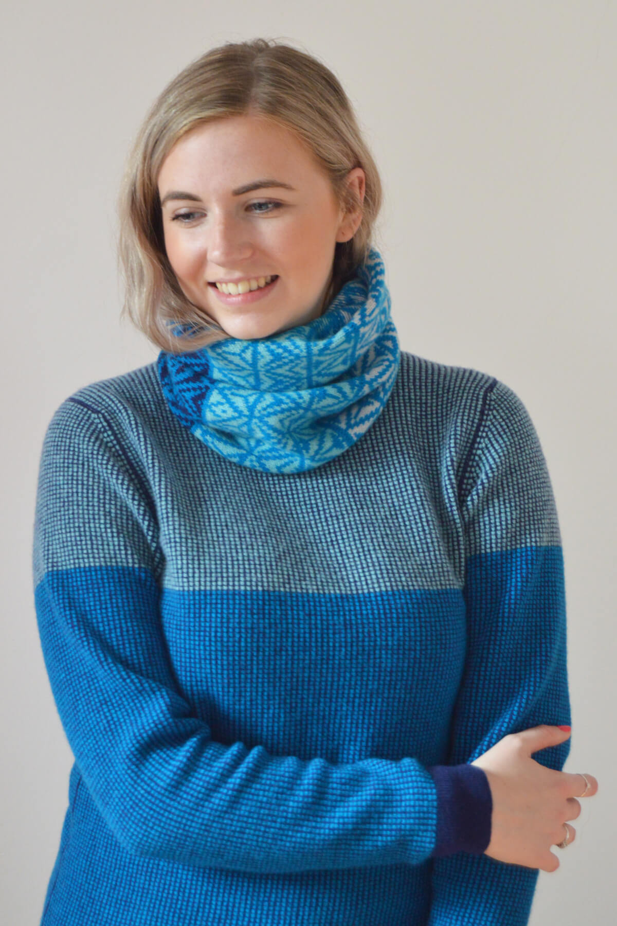 Blue patterned lambswool cowl by Collingwood-Norris. Luxury knitwear made in Scotland