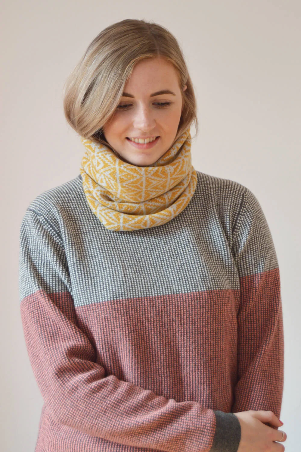 Mustard and light grey lambswool cowl by Collingwood-Norris. Luxury knitwear made in Scotland
