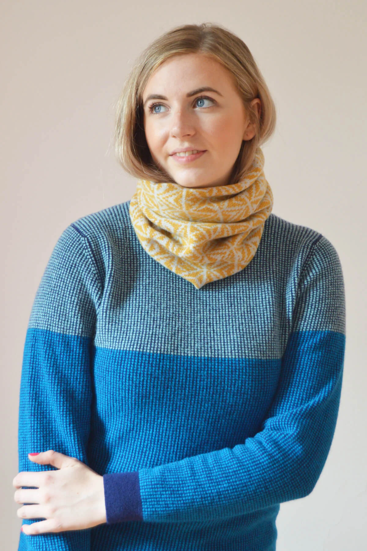 Mustard and light grey lambswool cowl by Collingwood-Norris. Luxury knitwear made in Scotland