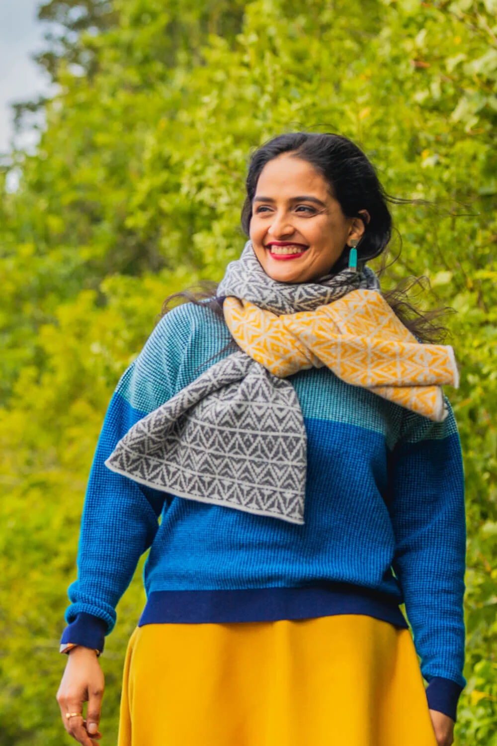 Limited Edition scarf in Mustard yellow and grey pattern, made in Scotland by Collingwood-Norris