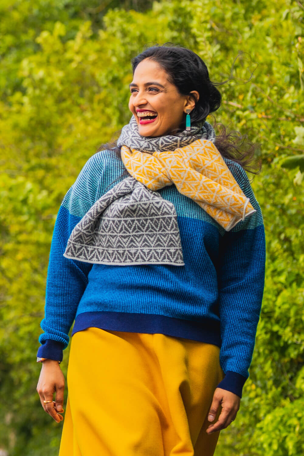 Limited Edition scarf in Mustard yellow and grey pattern, made in Scotland by Collingwood-Norris