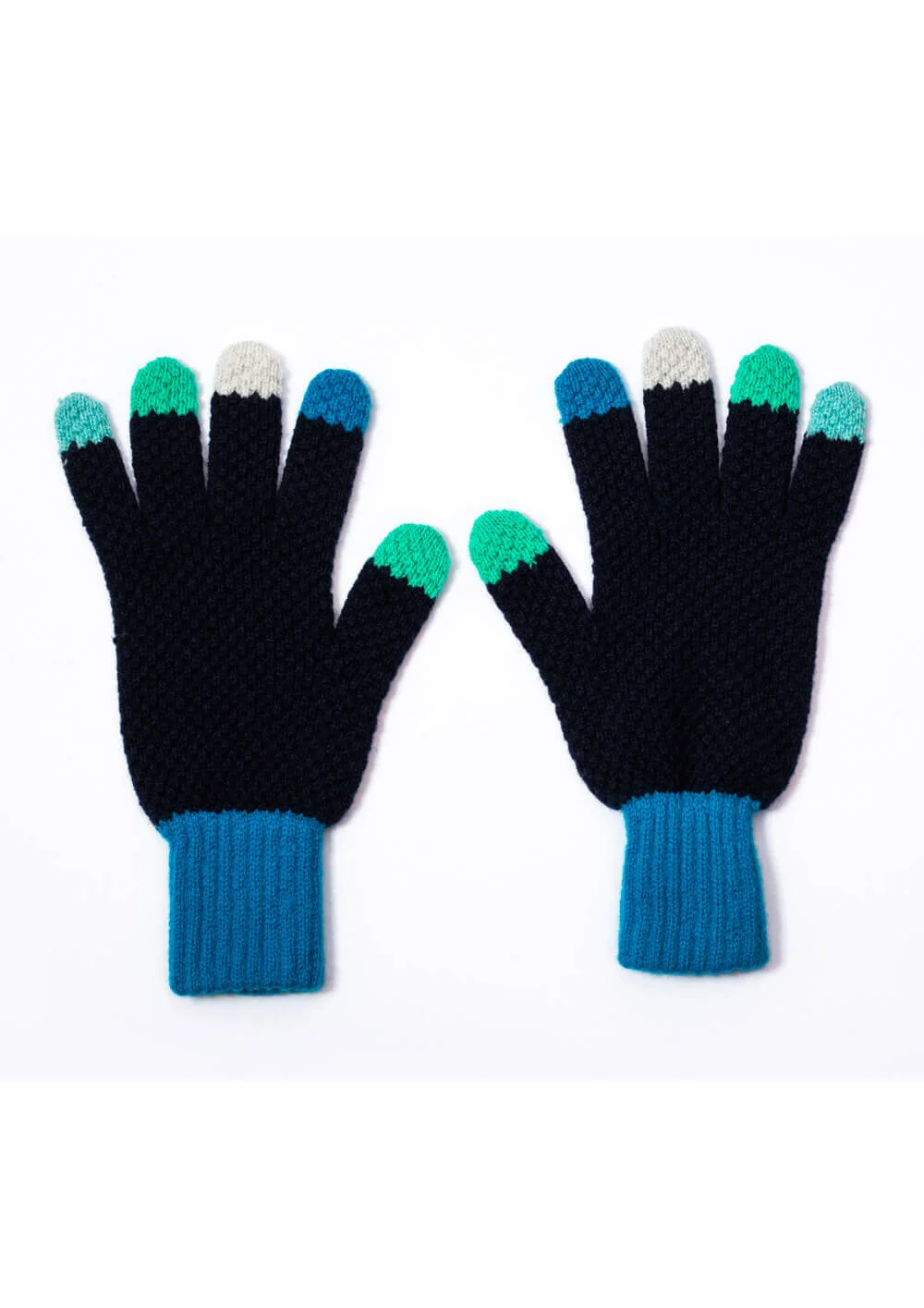 Designer gloves in Navy, blues and green lambswool, designed and made in Scotland. Luxury Scottish Knitwear by Collingwood-Norris