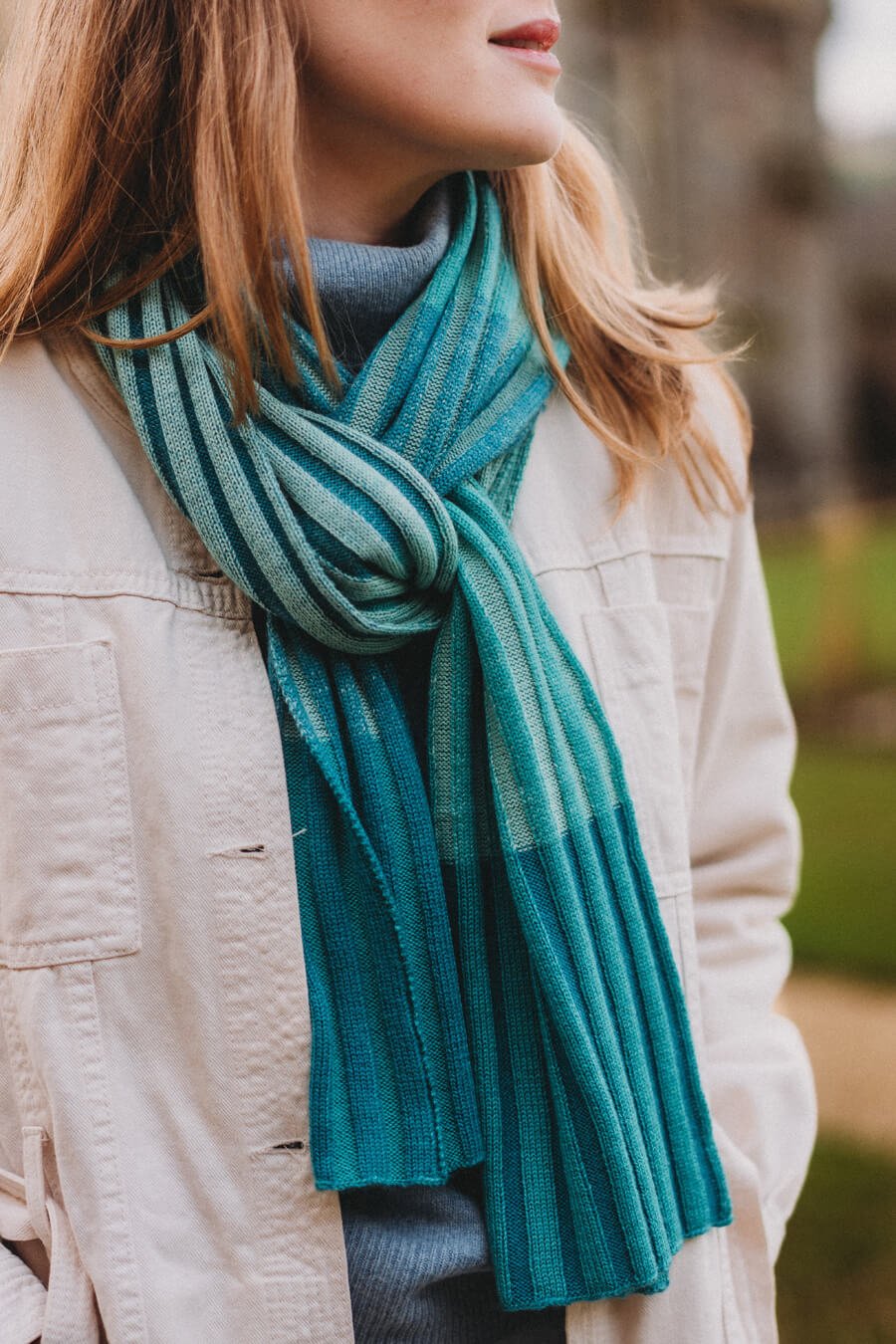 Zero waste green merino wool striped scarf by Collingwood-Norris.jpg