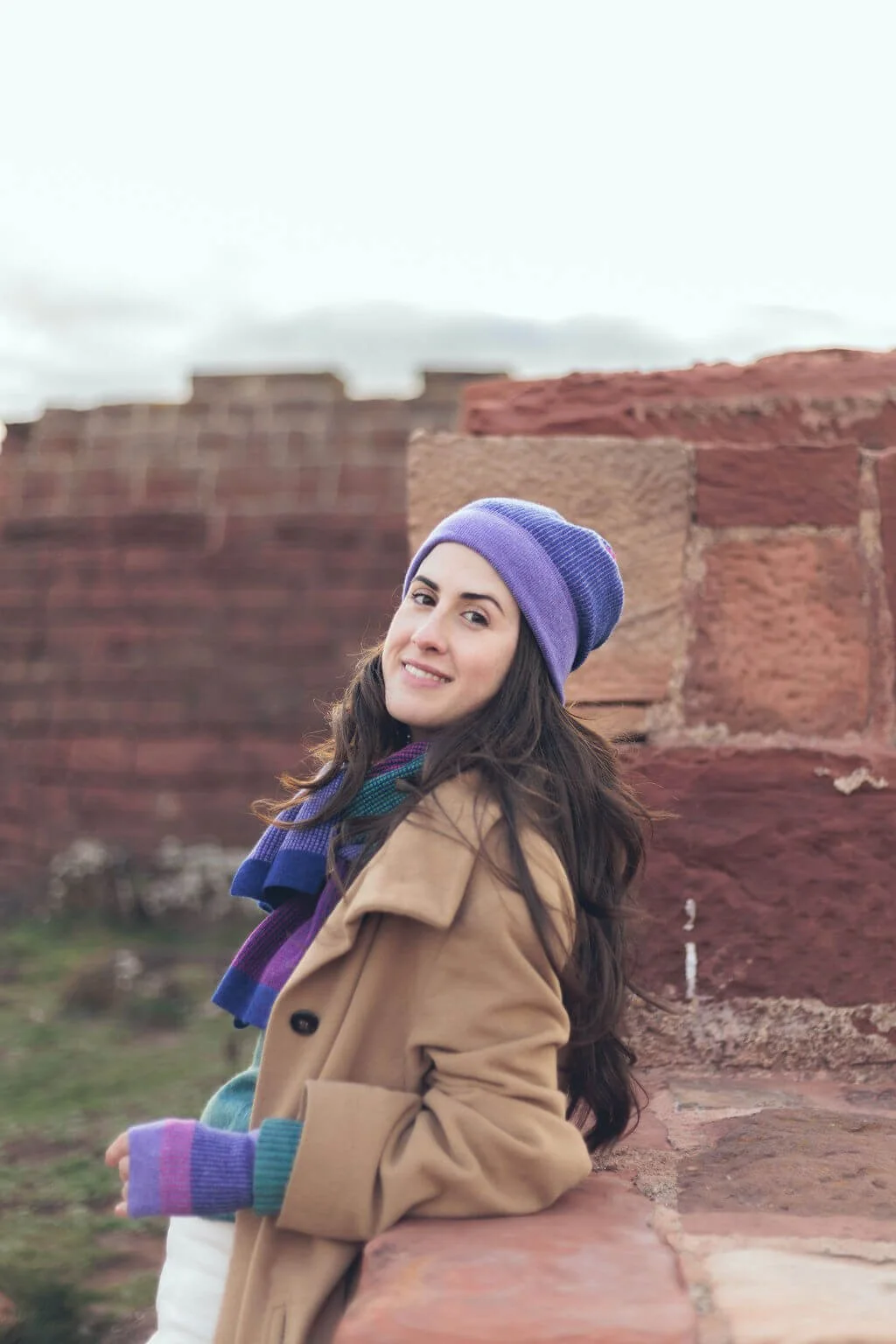 Purple, green and pink lambswool scarf, handmade in Scotland by Collingwood-Norris
