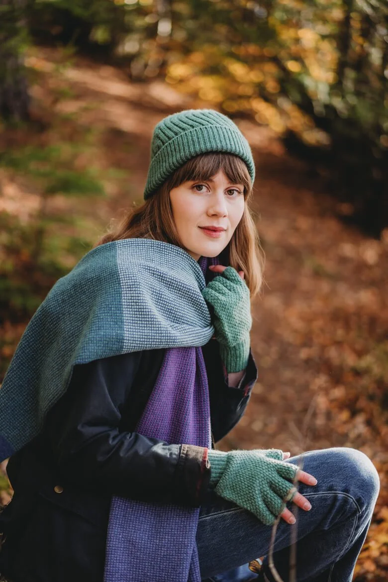 Green and purple lambswool scarf with soft green fingerless gloves by Collingwood-Norris.jpg