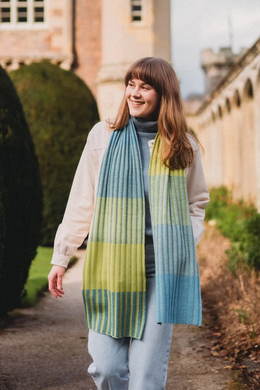 Blue and green striped merino wool scarf by Colingwood-Norris.jpg