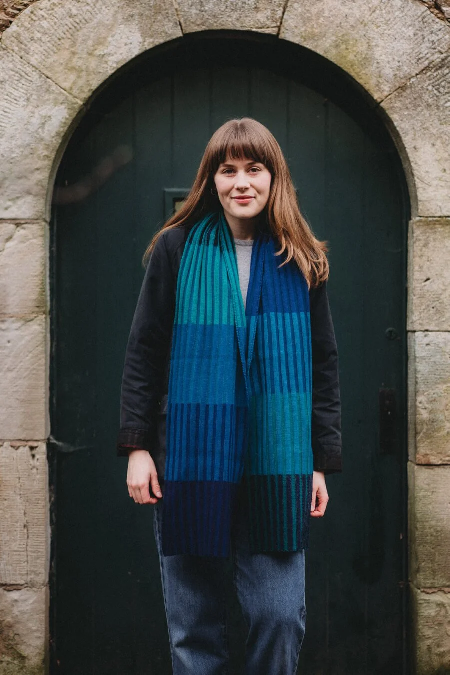 Merino stripe scarf in blues and greens. Handmade by Collingwood-Norris.jpg