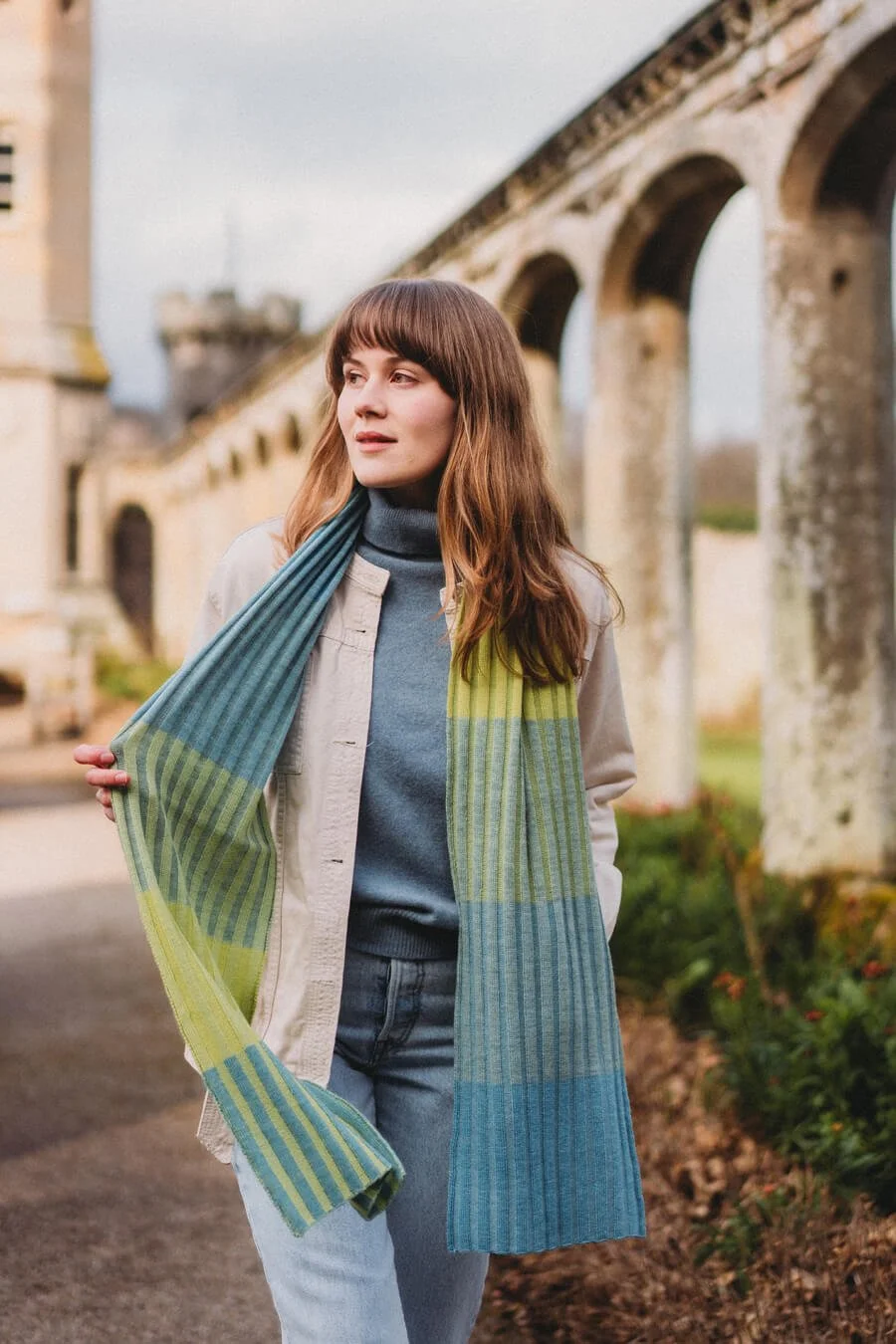 Blue and green striped merino scarf handmade by Colingwood-Norris.jpg