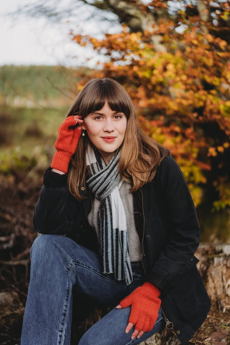 Burnt orange fingerless gloves with Monochrome striped merino scarf by Collingwood-Norris.jpg