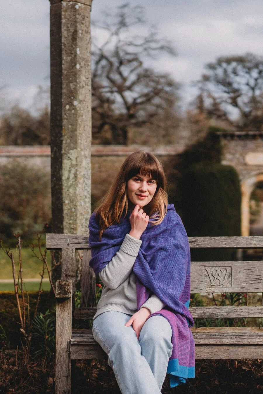 Lambswool blanket scarf in blue, purple and pink made in Galashiels by Collingwood-Norris.jpg