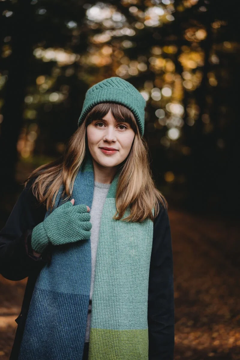 Cagary scarf with Calgary beanie hat and fingerless gloves in soft green lambswool by Collingwood-Norris.jpg