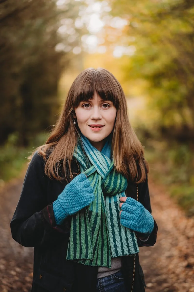 Blue and green striped merino scarf and blue fingerless lambswool gloves by Collingwood-Norris.jpg