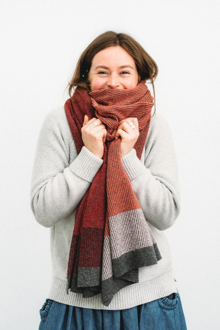 Wool blanket scarf in reds, coral and grey handmade by Collingwood-Norris.jpg