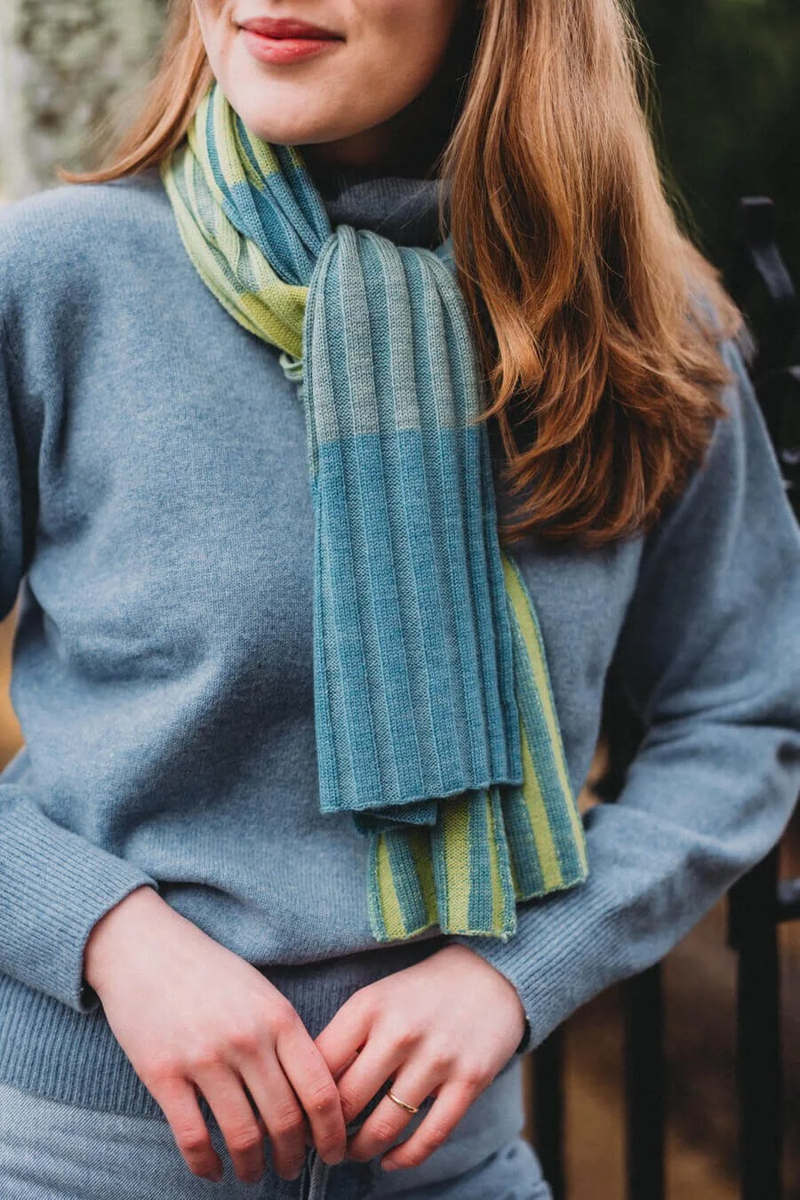 Blue and green striped merino scarf ethically made by Collingwood-Norris.jpg