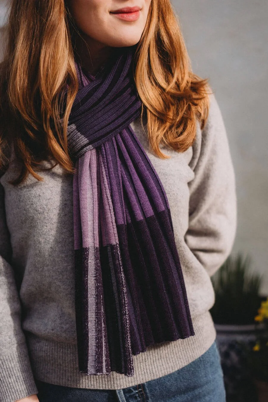 Limited edition purple stripe merino scarf made using pre-consumer waste by Collingwood-Norris.jpg