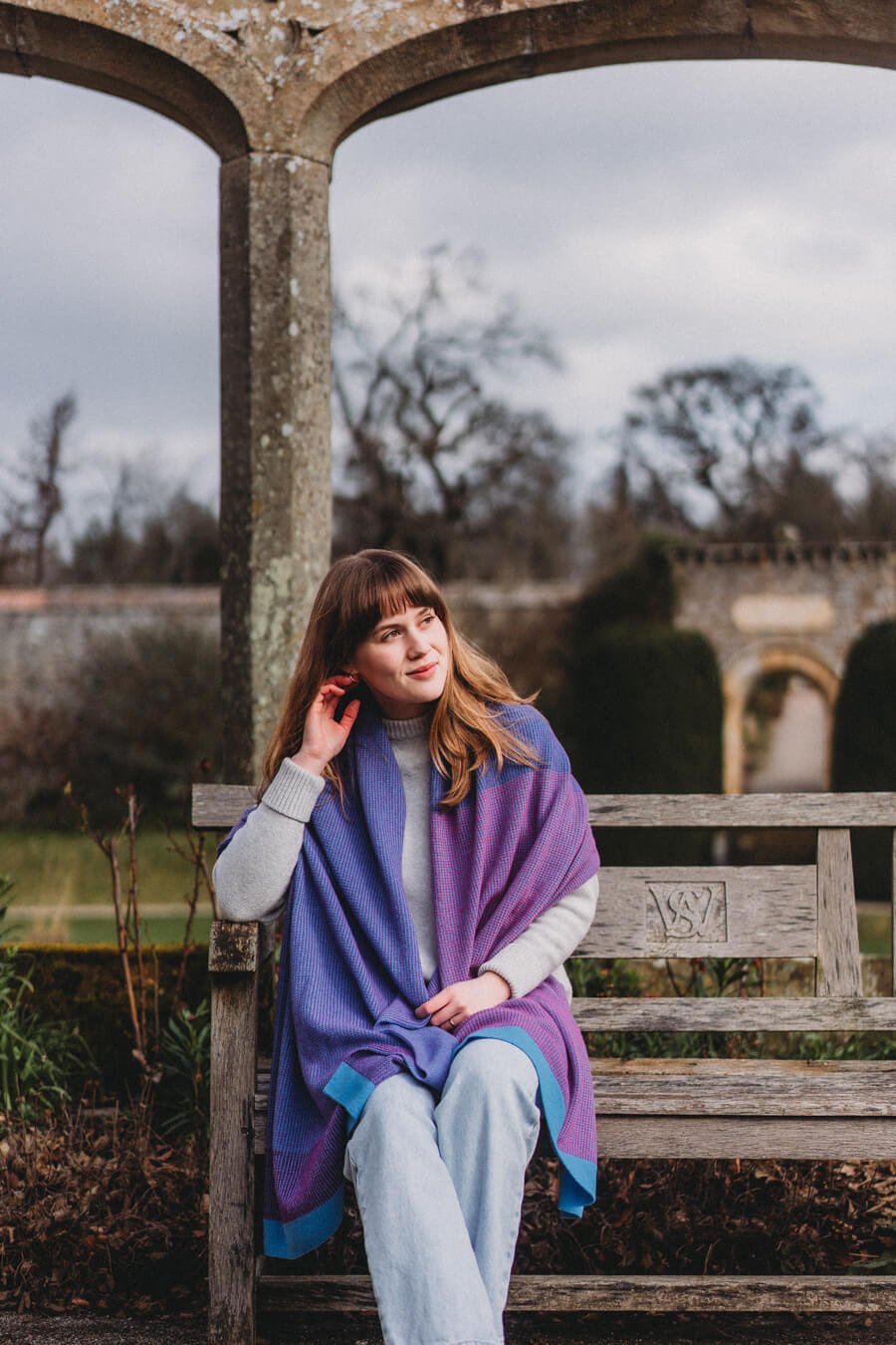 Lambswool blanket scarf in blue, purple and bright pinks by Collingwood-Norris.jpg