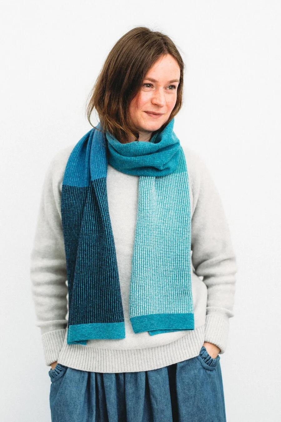 Lightweight lambswool scarf in blues. Ethically made by Collingwood-Norris.jpg