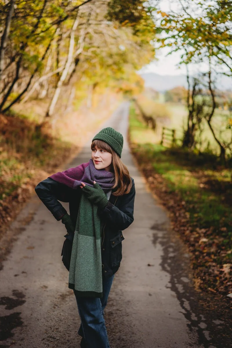 Dark green lambswool beanie and matching colour block scarf by Collingwood-Norris.jpg