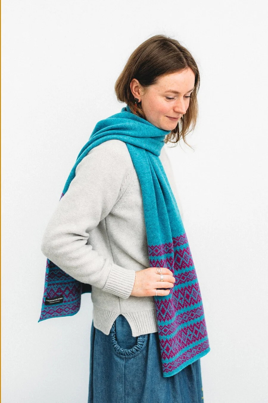 Blue lambswool scarf with fairisle pattern handmade by Collingwood-Norris.jpg