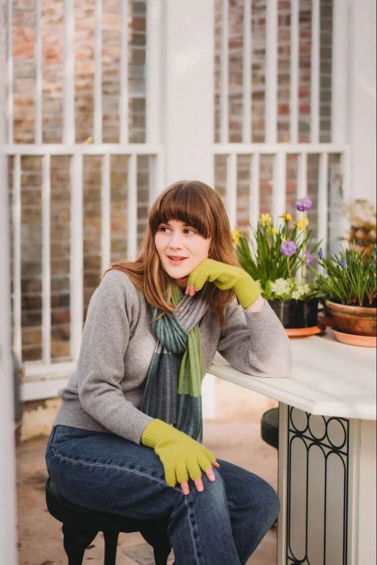 Larch yellow-green ladies fingerless gloves by Collingwood-Norris.jpg