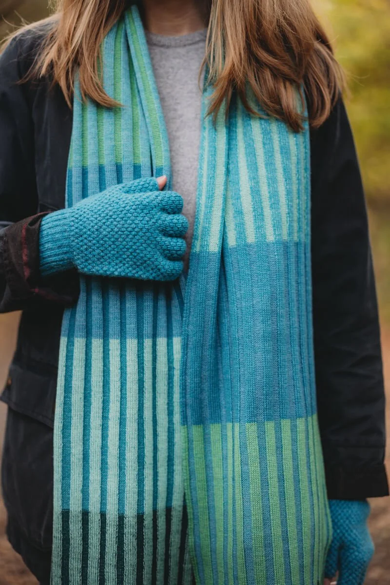 Blue and green striped merino scarf and blue wool fingerless gloves by Collingwood-Norris.jpg