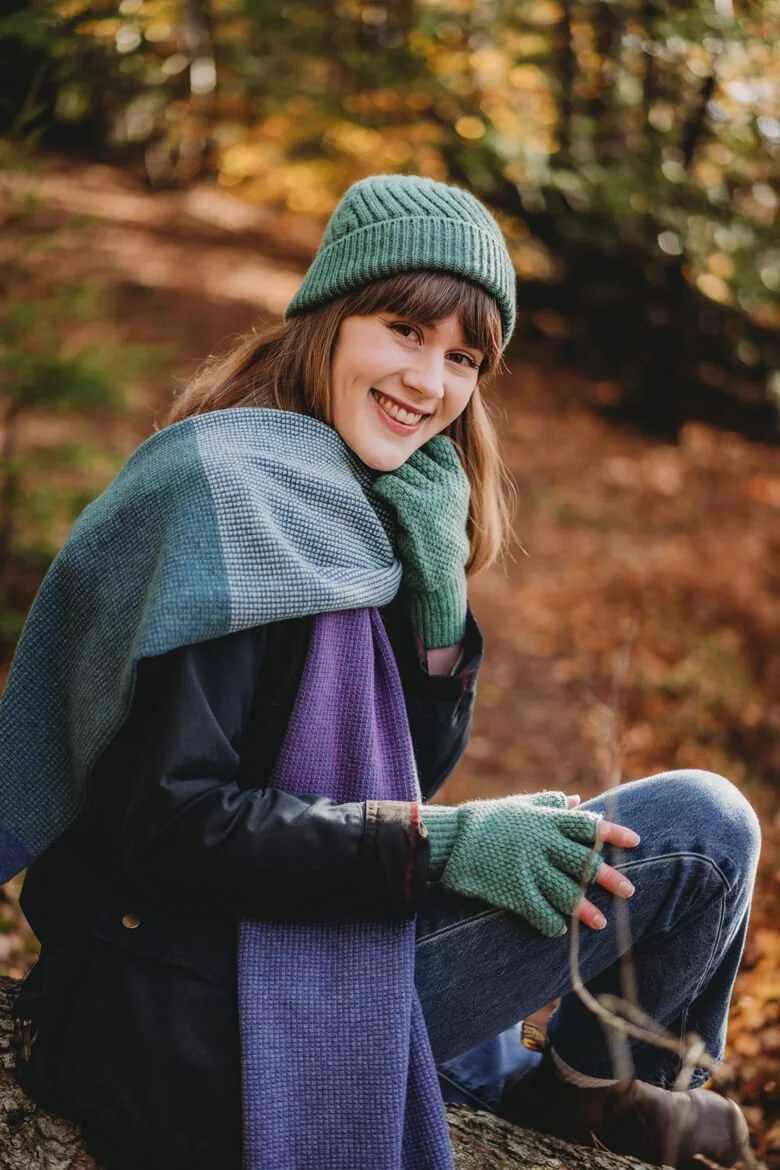 Soft green Calgary hat and fingerless gloves by Collingwood-Norris.jpg