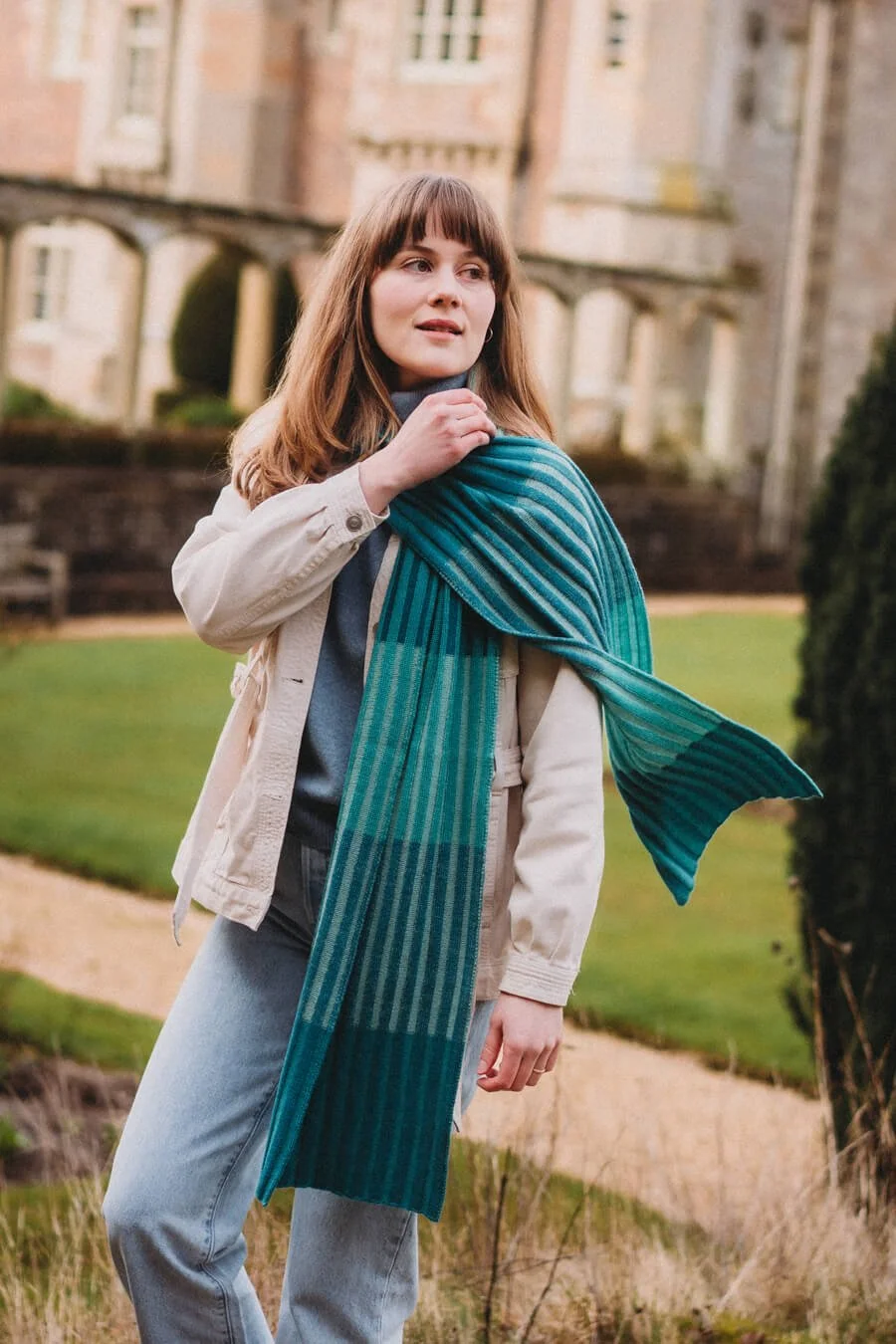 Zero waste green merino striped scarf by Collingwood-Norris.jpg