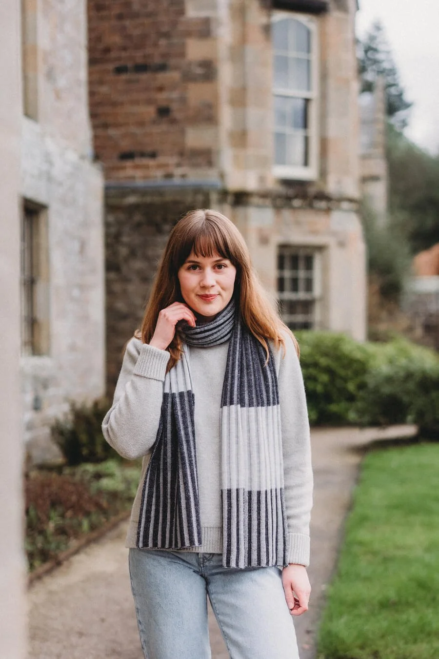 Grey striped merino scarf handmade in Scotland by Collingwood-Norris.jpg