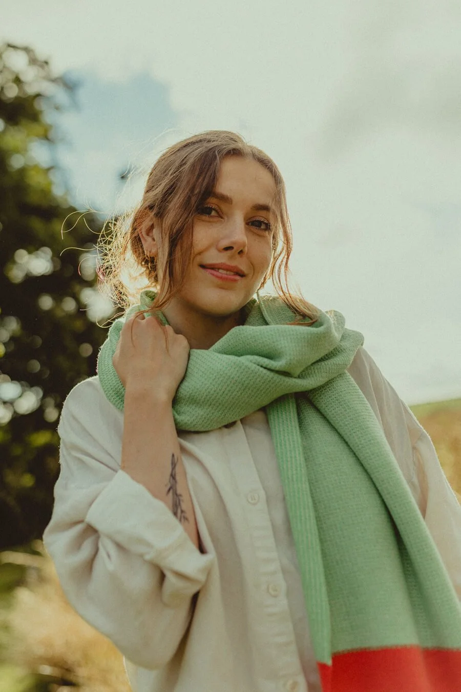 Scottish Lightweight Lambswool Stole in Coral, Green and Yellow by Collingwood-Norris