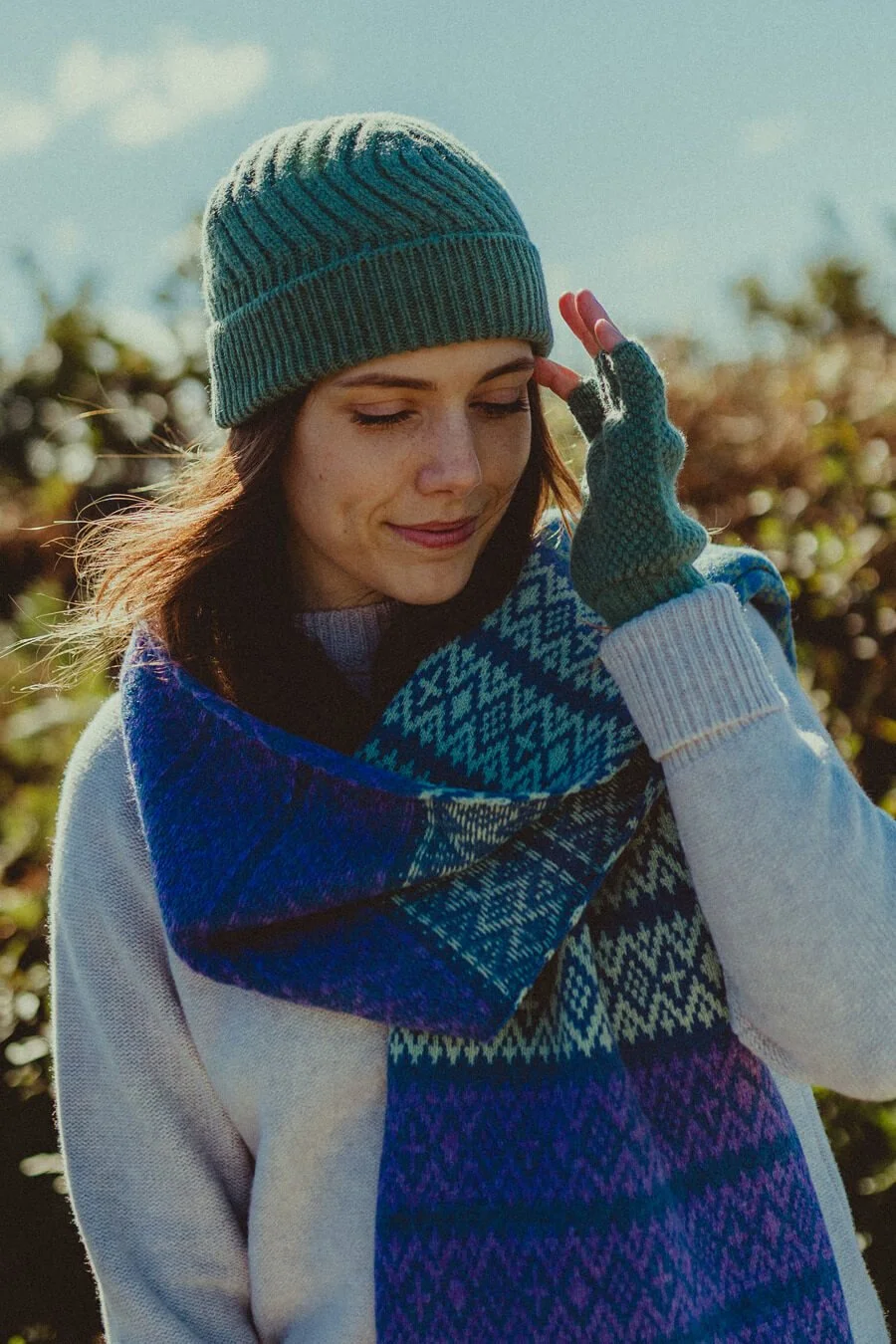 Soft green beanie hat and fingreless gloves ethically made by Collingwood-Norris.jpg