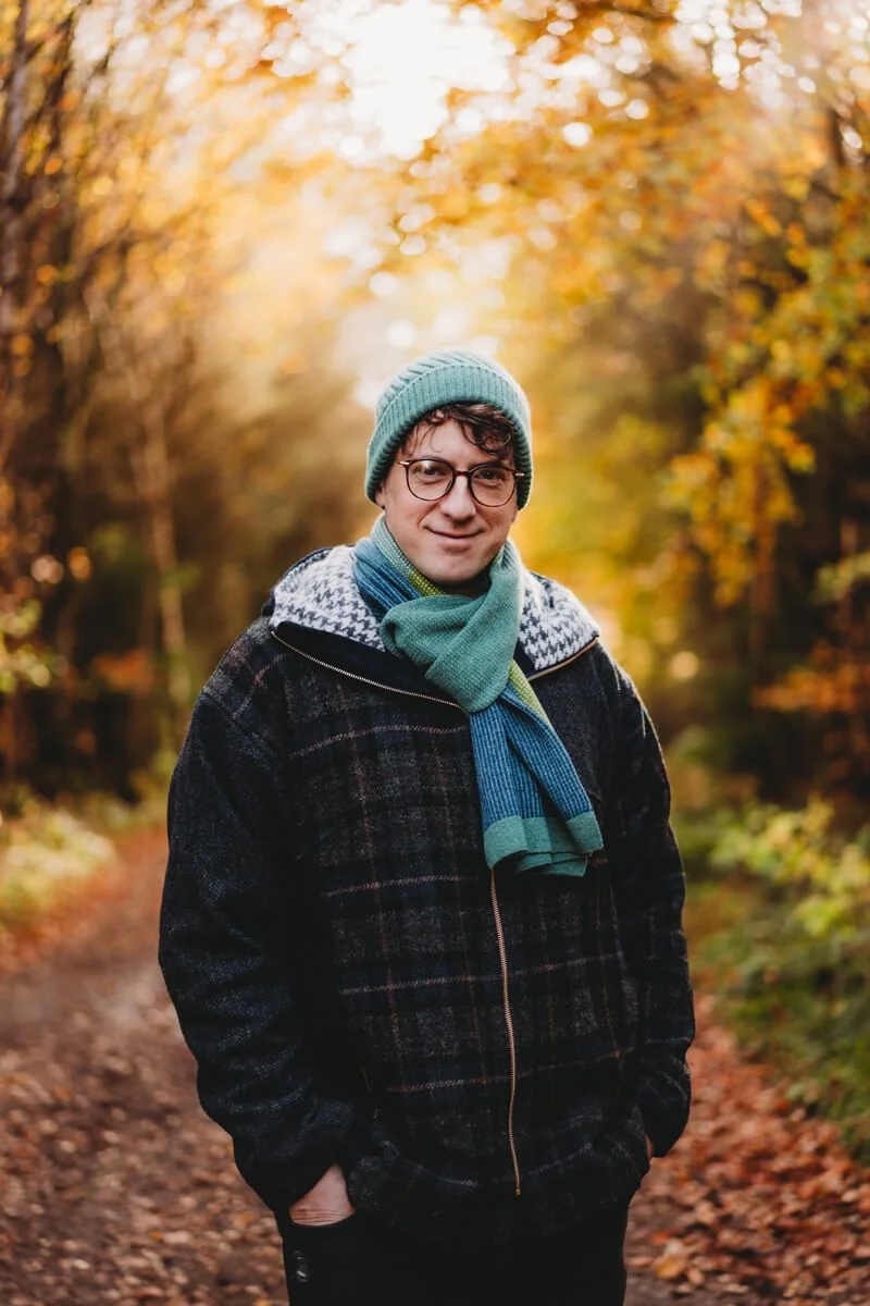 Mens soft green wool beanie hat and lambswool colour block scarf by Collingwood-Norris.jpg