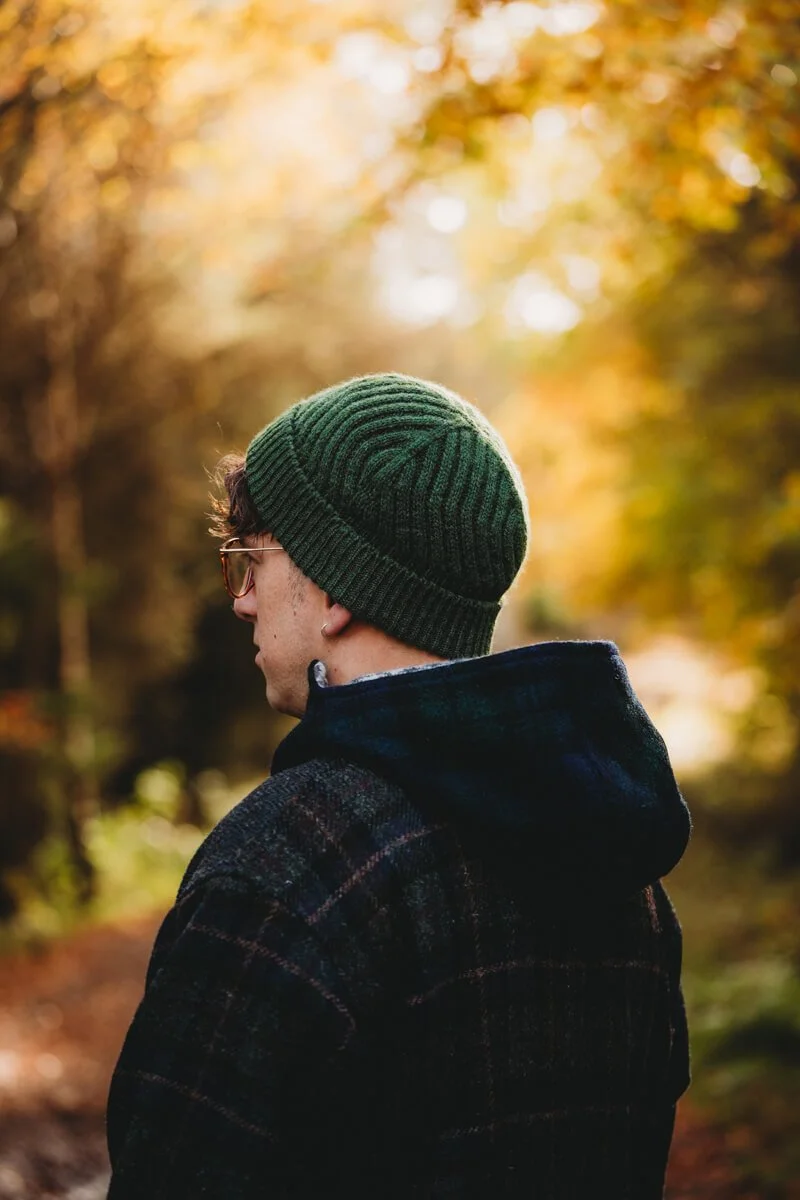 Mens dark green lambswool beanie hat by Collingwood-Norris