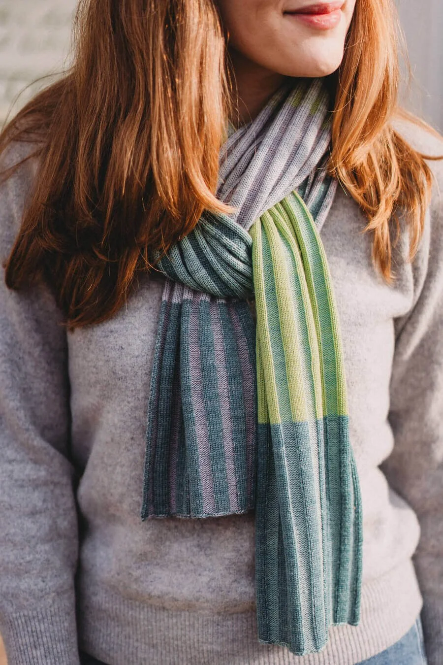 Green and purple zero waste stripe merino scarf by Collingwood-Norris.jpg