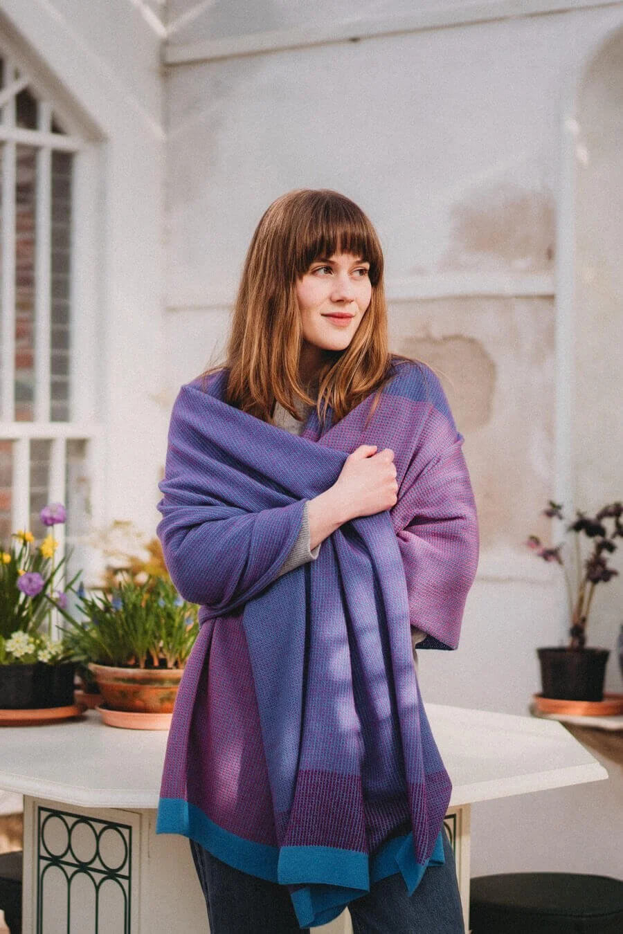 Lambswool blanket scarf in blue, purple and pink handmade by Collingwood-Norris.jpg