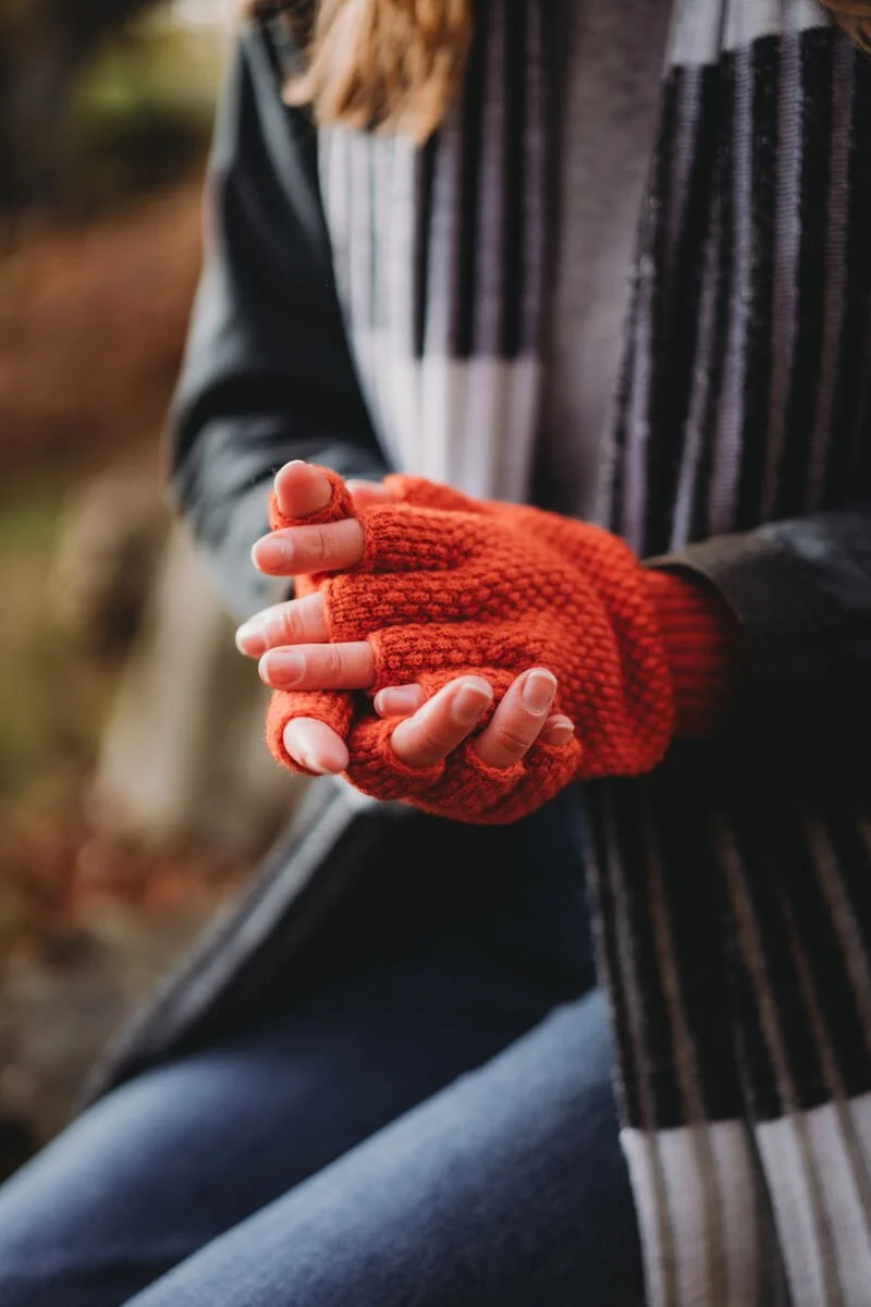 Burnt orange ladies fingerless lambswool gloves by Collingwood-Norris