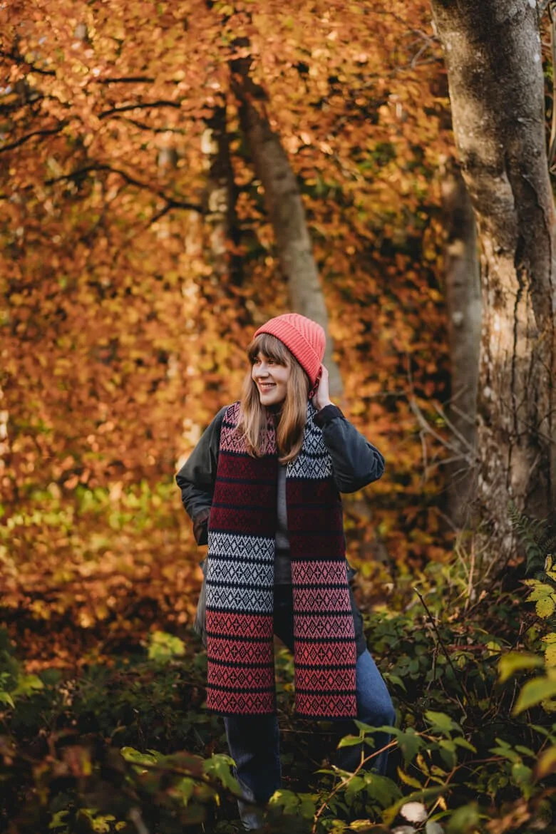 Red and coral lambswool fairisle scarf with coral beanie hat by Collingwood-Norris.jpg