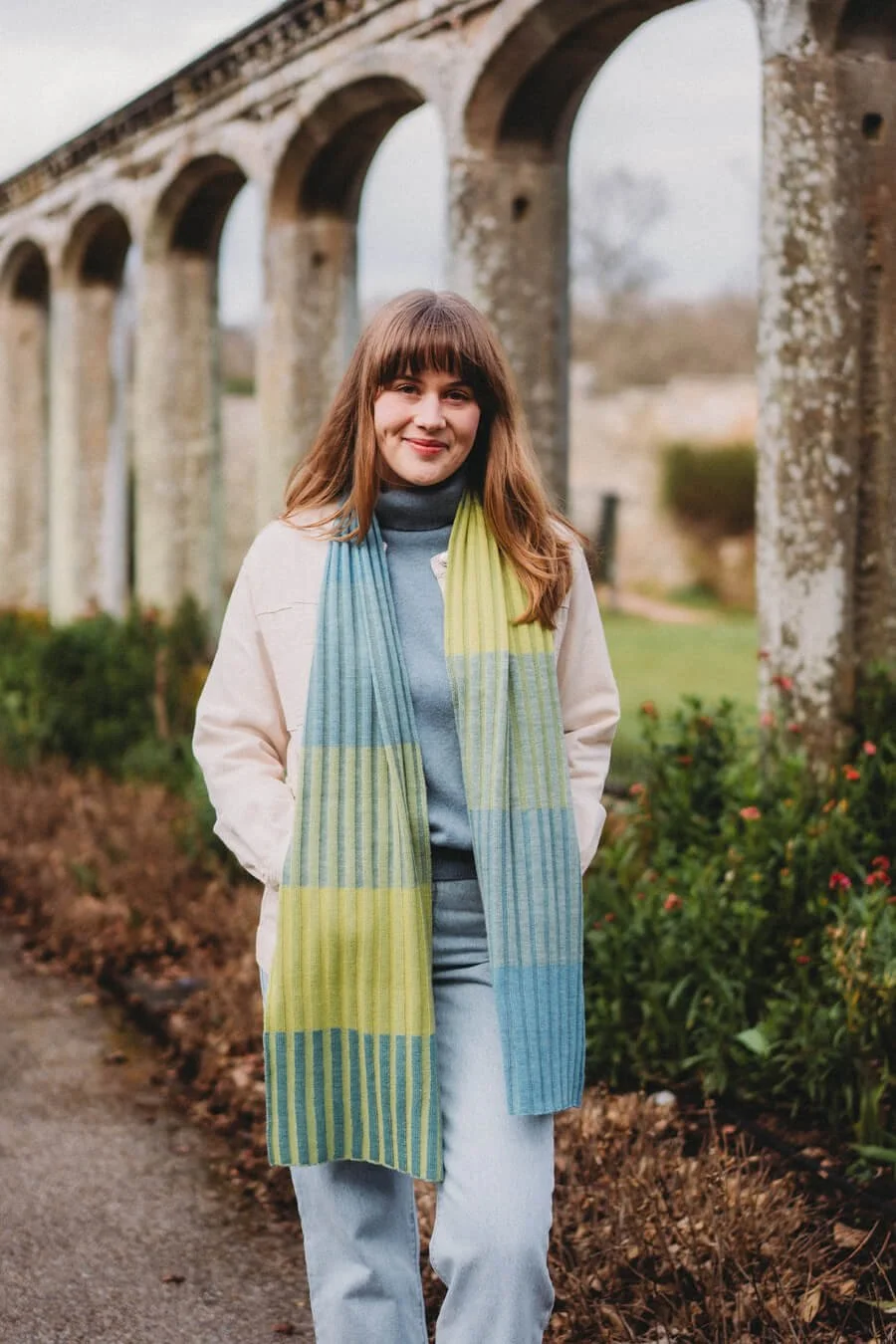 Blue and green striped merino scarf handmade in Scotland by Colingwood-Norris.jpg