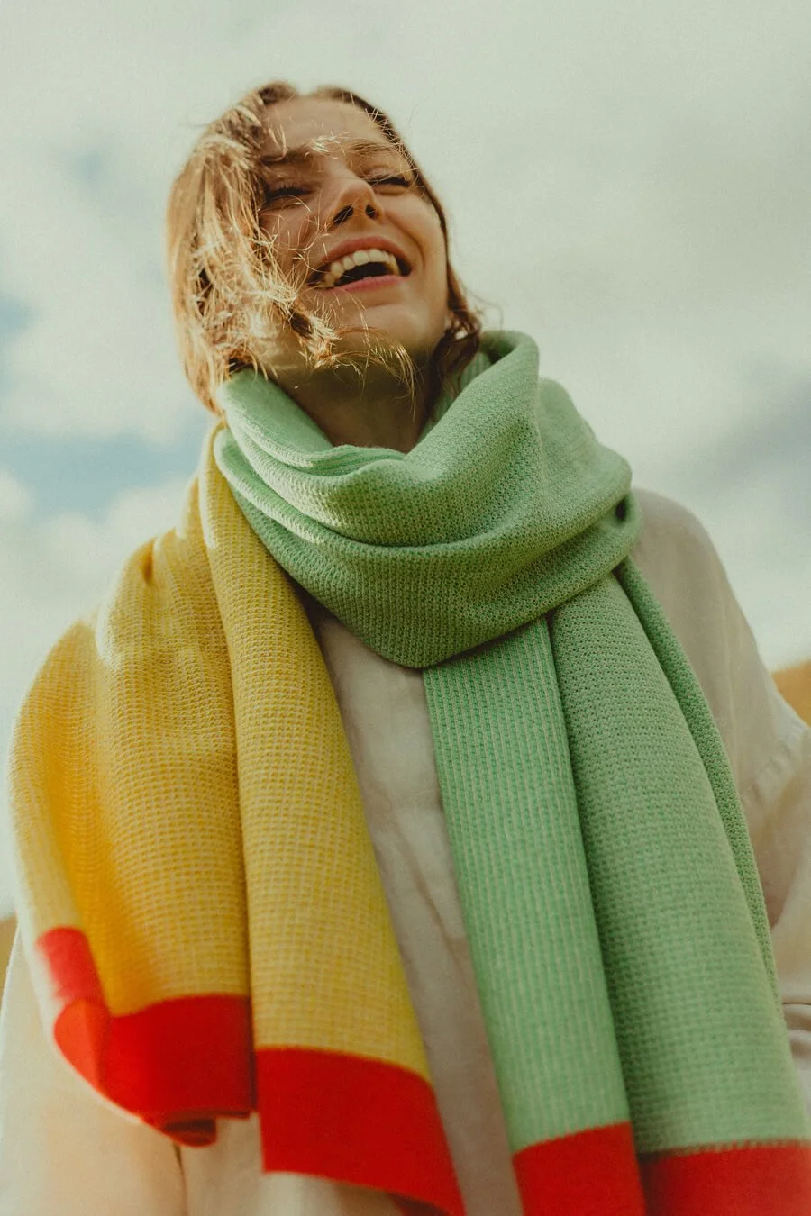 Lightweight Lambswool Stole in Coral, Green and Yellow by Collingwood-Norris