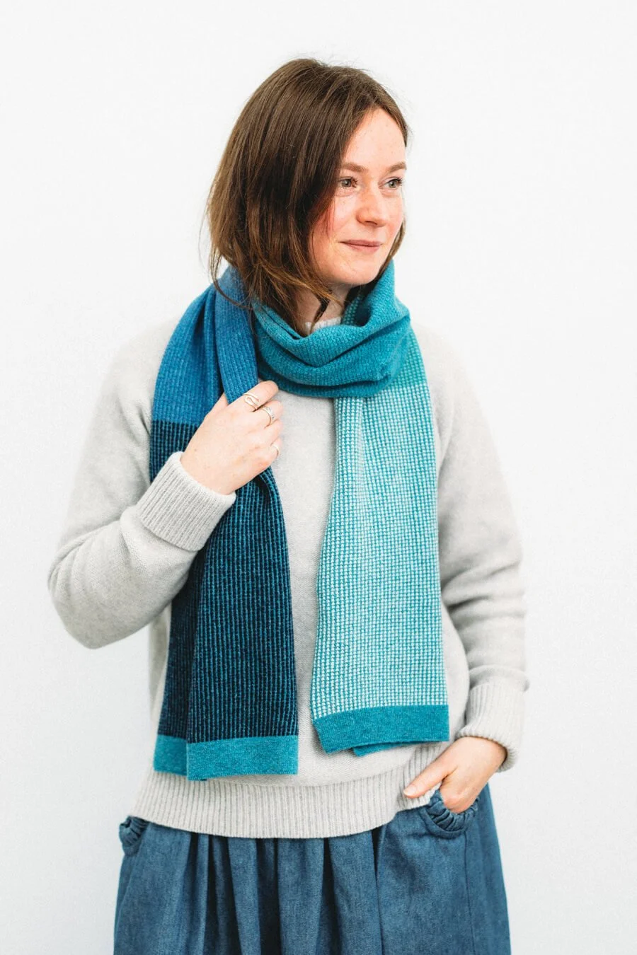 Lightweight lambswool scarf in blues handmade by Collingwood-Norris.jpg
