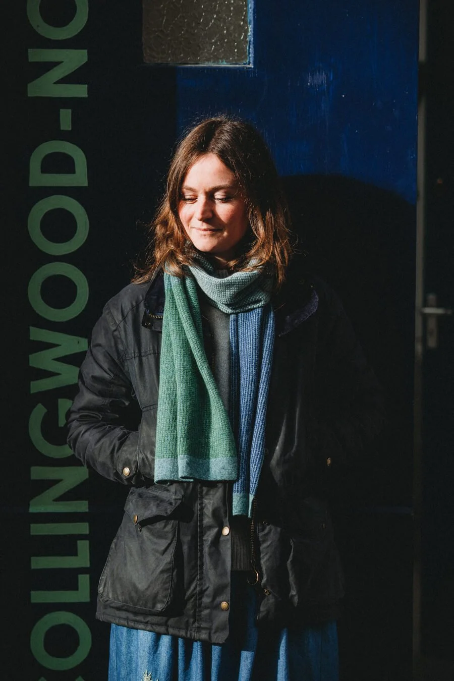 Soft wool scarf in soft blues and green handmade by Collingwood-Norris.jpg