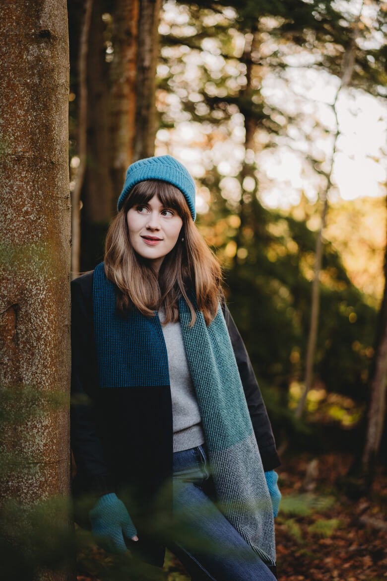 Lambswool scarf in blues, with blue wool hat by Collingwood-Norris.jpg