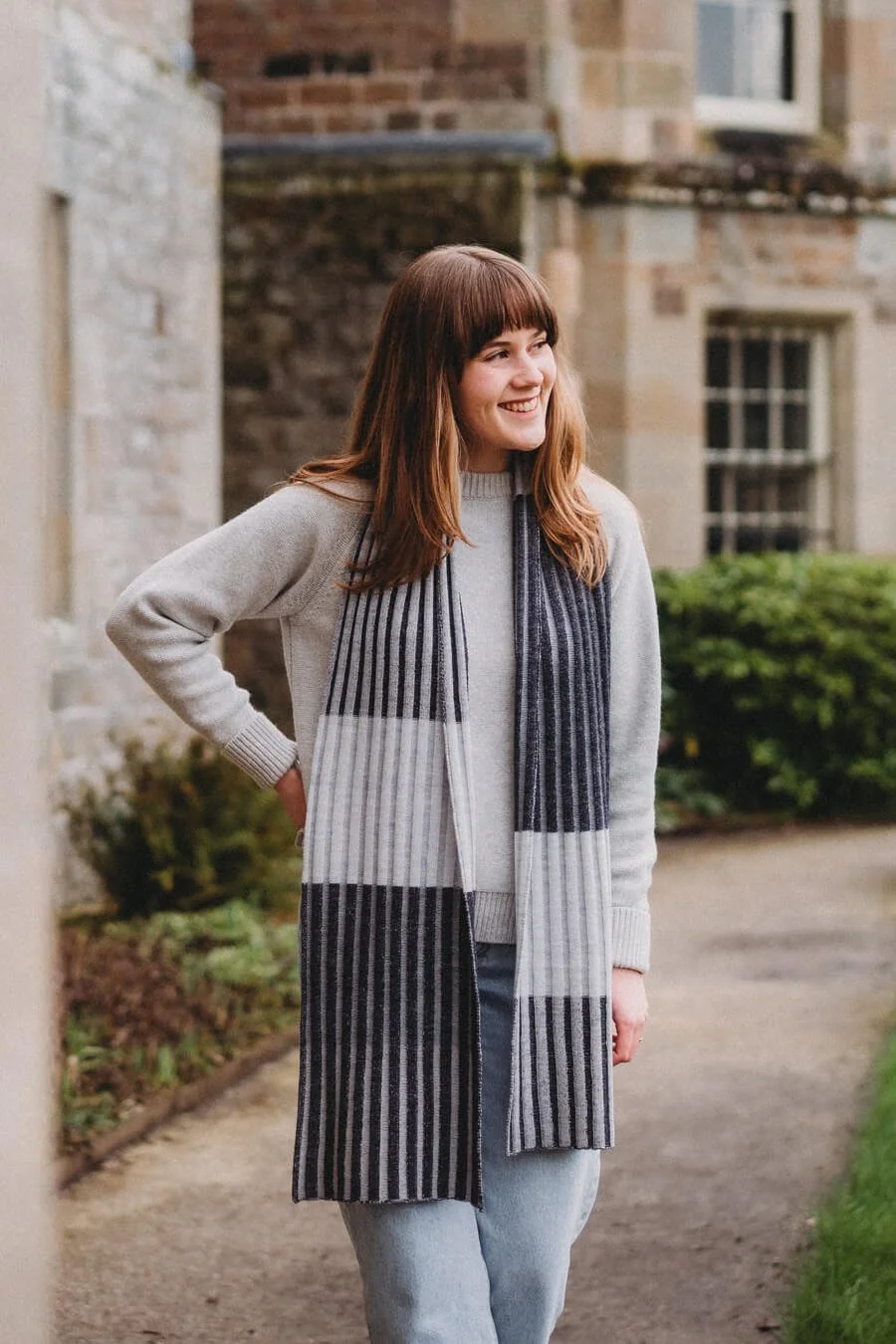 Grey striped merino wool scarf handmade by Collingwood-Norris.jpg