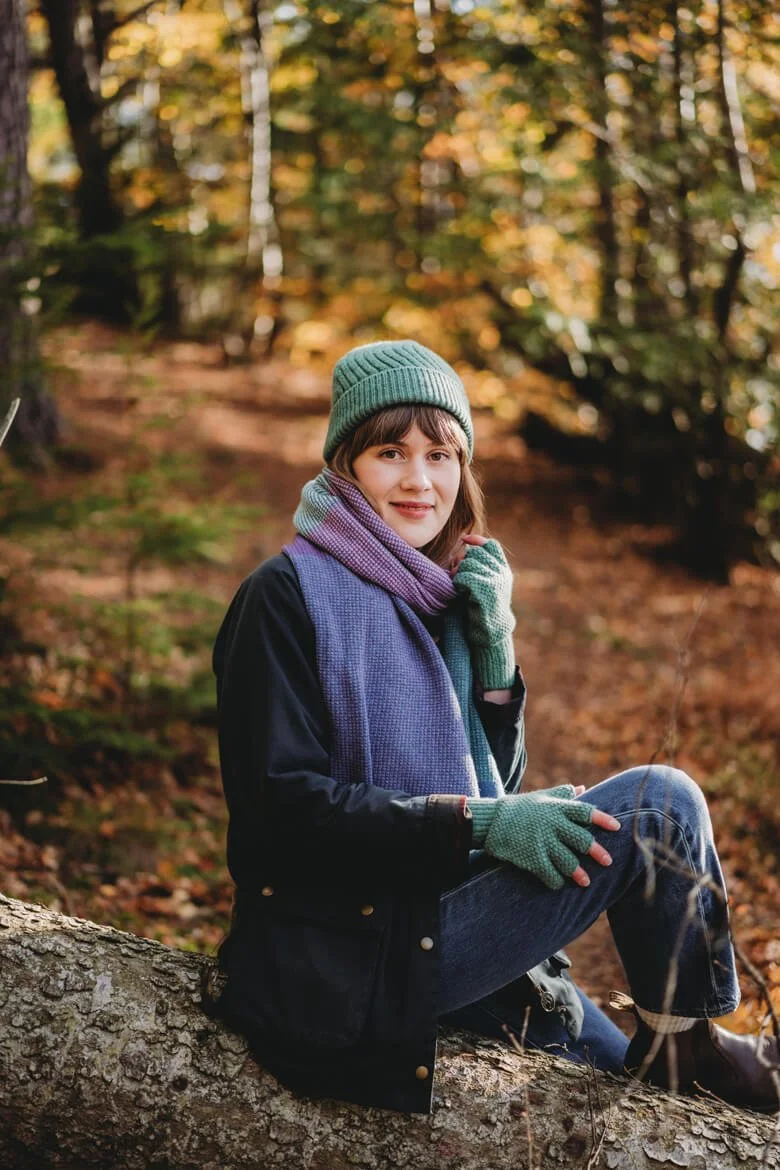 Green and purple handmade scarf with soft green hat and fingerless gloves by Collingwood-Norris.jpg
