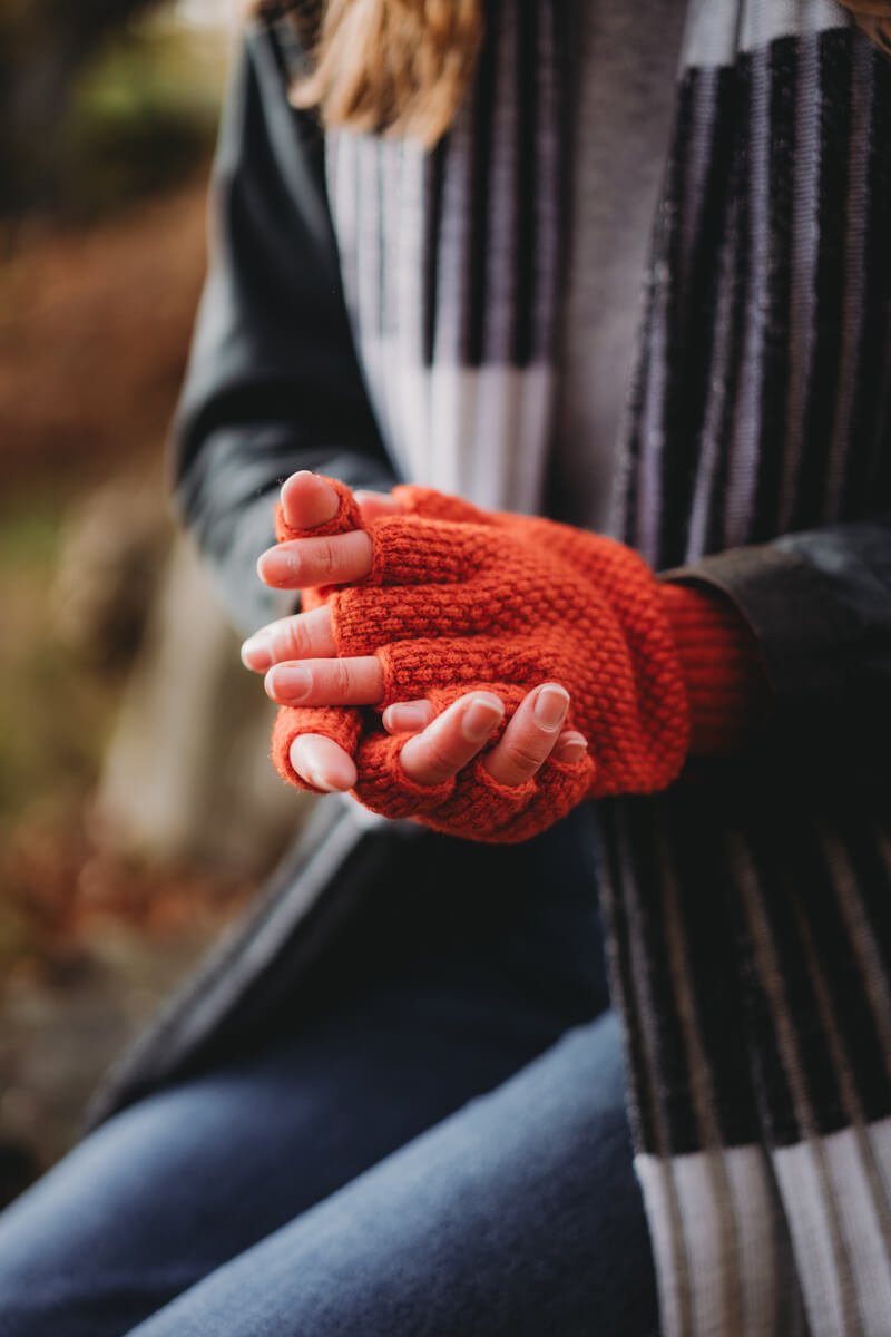Burnt orange ladies fingerless lambswool gloves by Collingwood-Norris.jpg