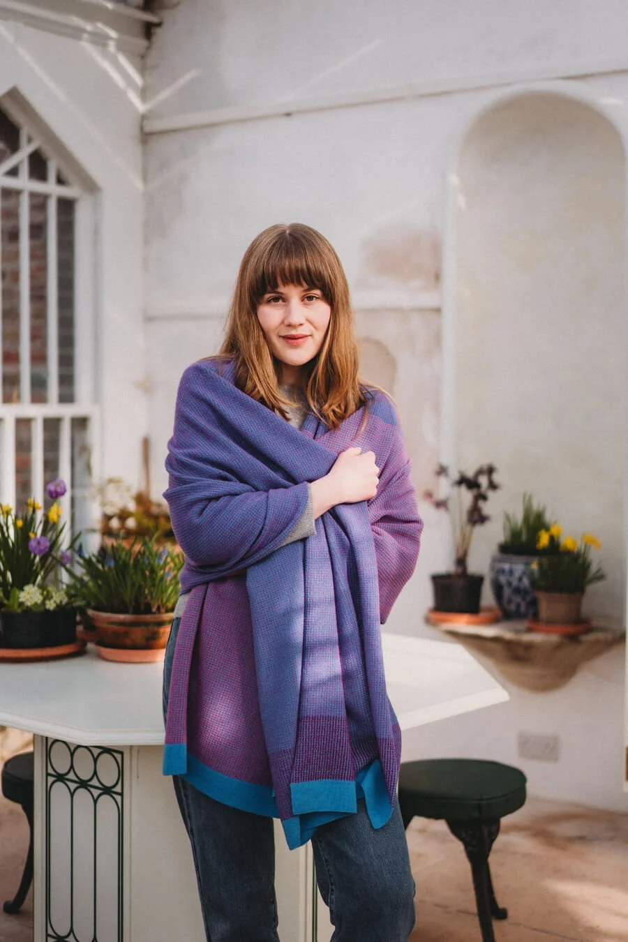 Lambswool blanket scarf in blue, purple and pink ethically made by Collingwood-Norris.jpg