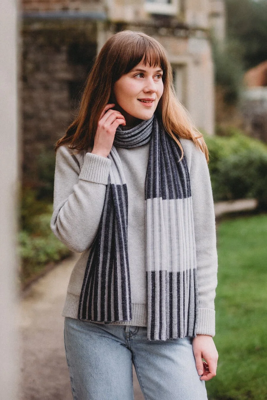 Grey striped merino scarf ethically made by Collingwood-Norris.jpg