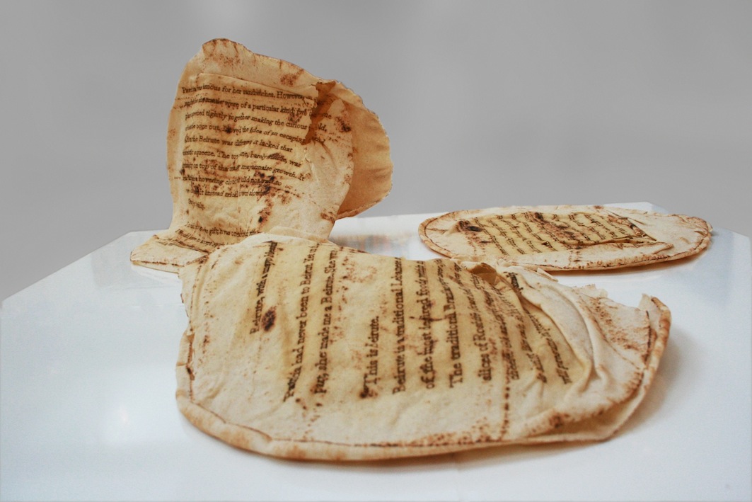  Christine Kettaneh,&nbsp; A Beirute, with a mayo blessing , laser-engraving on bread, 2014. 